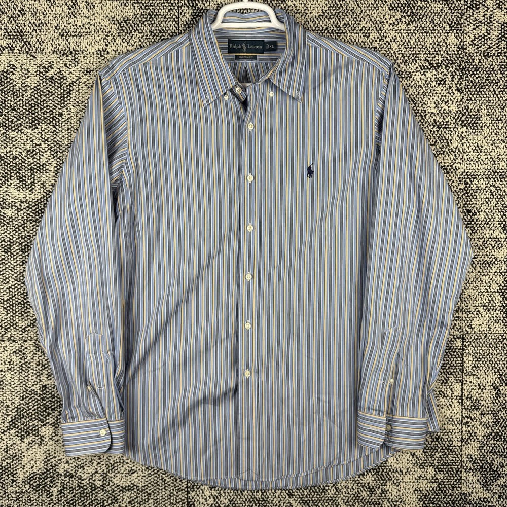 Ralph Lauren Long Sleeve Button Up Shirt Mens XL Custom Fit Striped Blue Pony